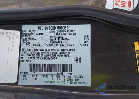 2005 Ford Explorer Xlt/Xlt Sport из США, поврежденный, VIN 1FMZU73KX5UB60979